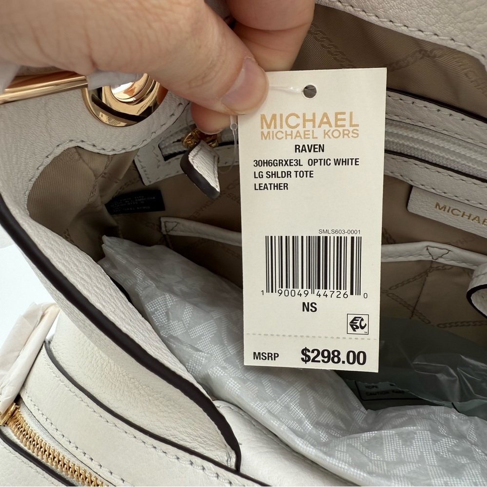 Michael Kors Raven Large Optic White Leather Shoulder Bag Tote Classic Purse NWT - Picture 7 of 11